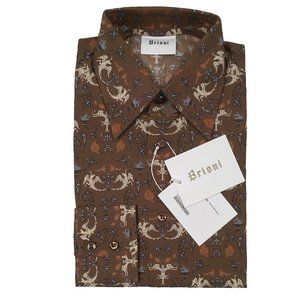 NEW $690 Brioni Fine Cotton Shirt! Medium Brown Creme Red Medieval Dragon Design